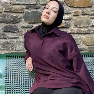 Pull col chemise en daim - Prune