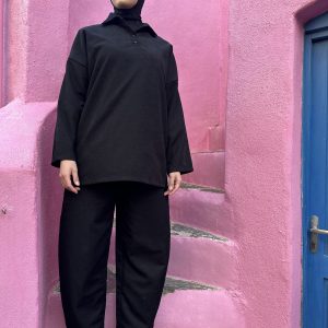 Polo col chemise en daim  - Noir